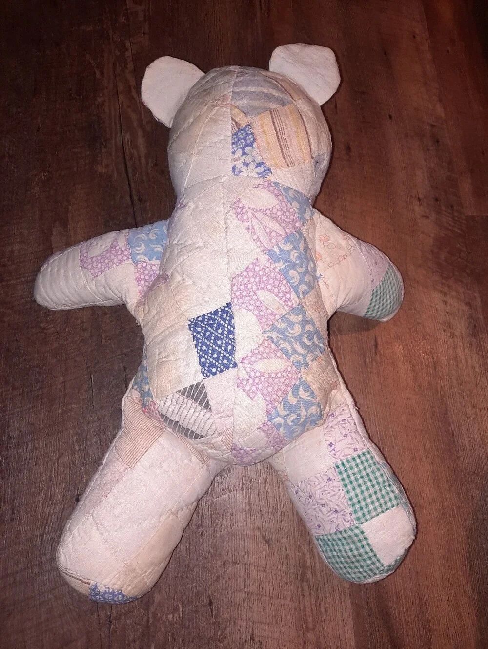 Vintage Patchwork Quilted Teddy Bear with Button Eyes - Soft Pastel Print